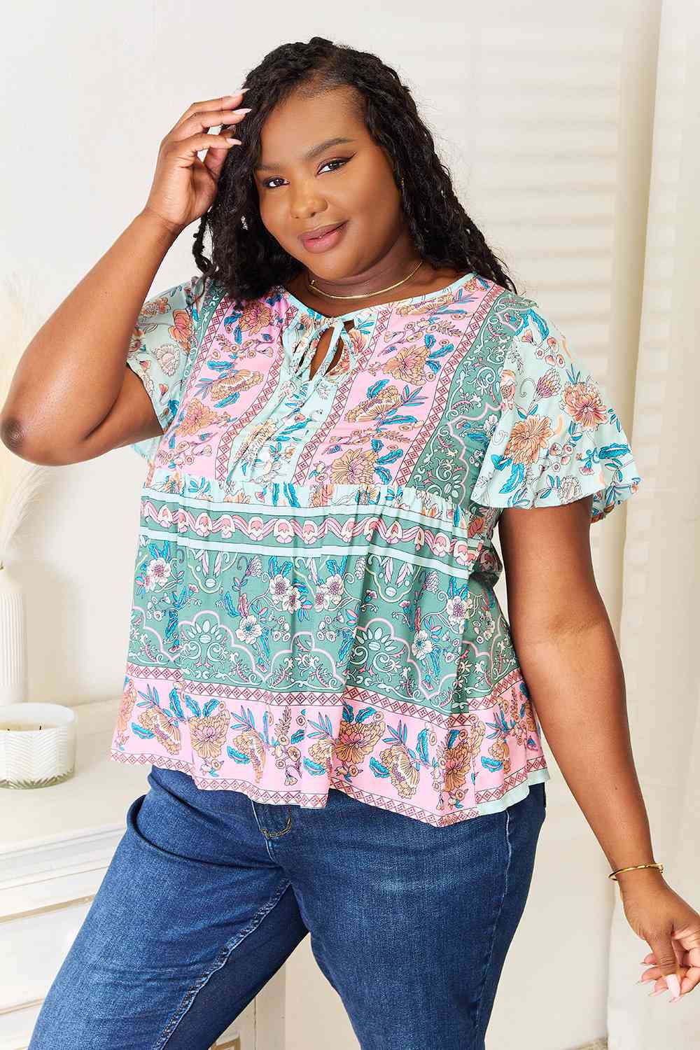 Double Take Floral Tie Neck Short Sleeve Blouse - Guy Christopher