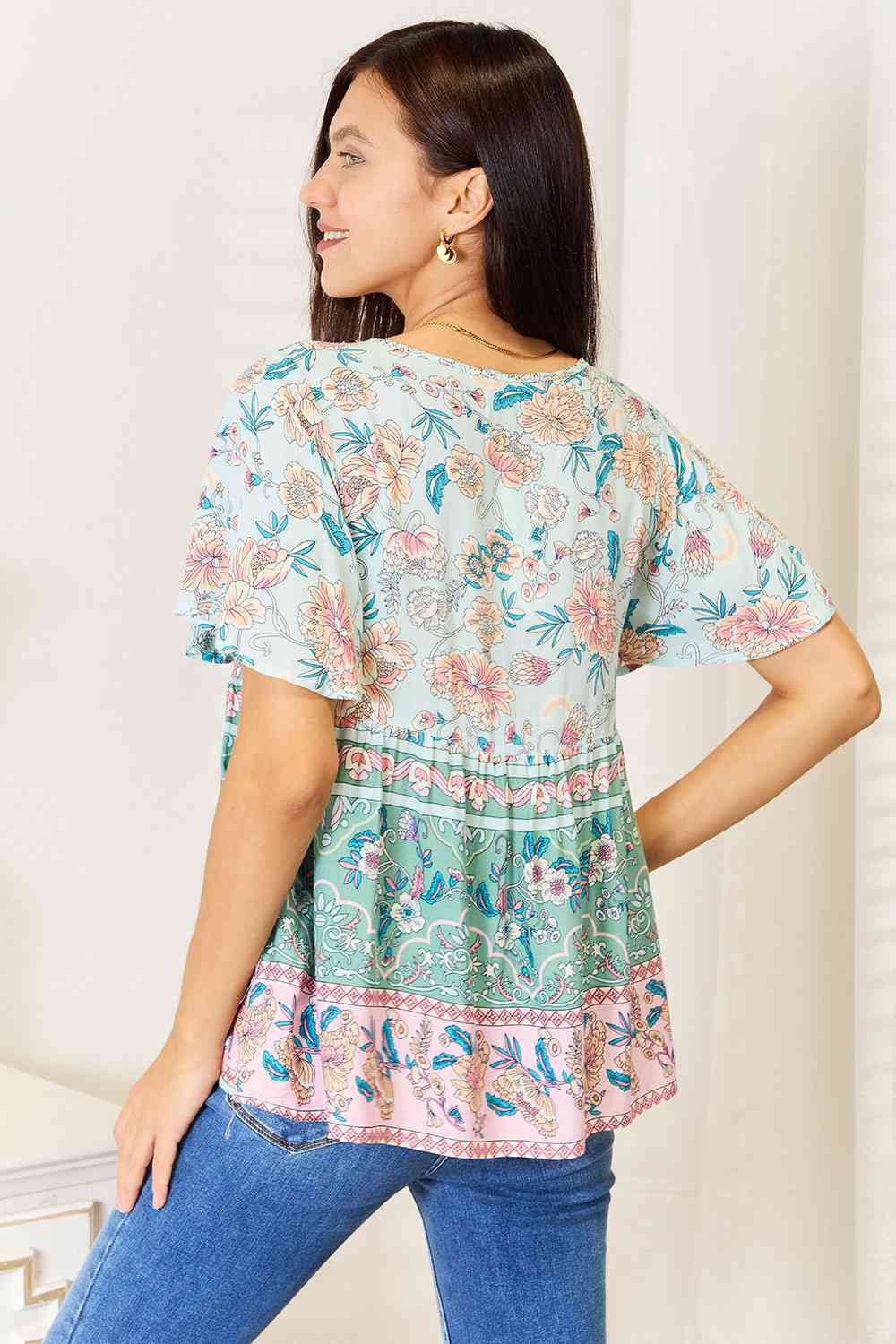 Double Take Floral Tie Neck Short Sleeve Blouse - Guy Christopher