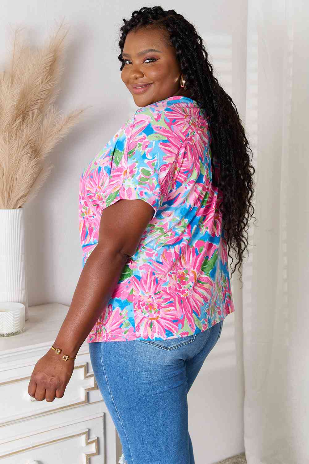 Double Take Floral V-Neck Short Sleeve Blouse - Guy Christopher