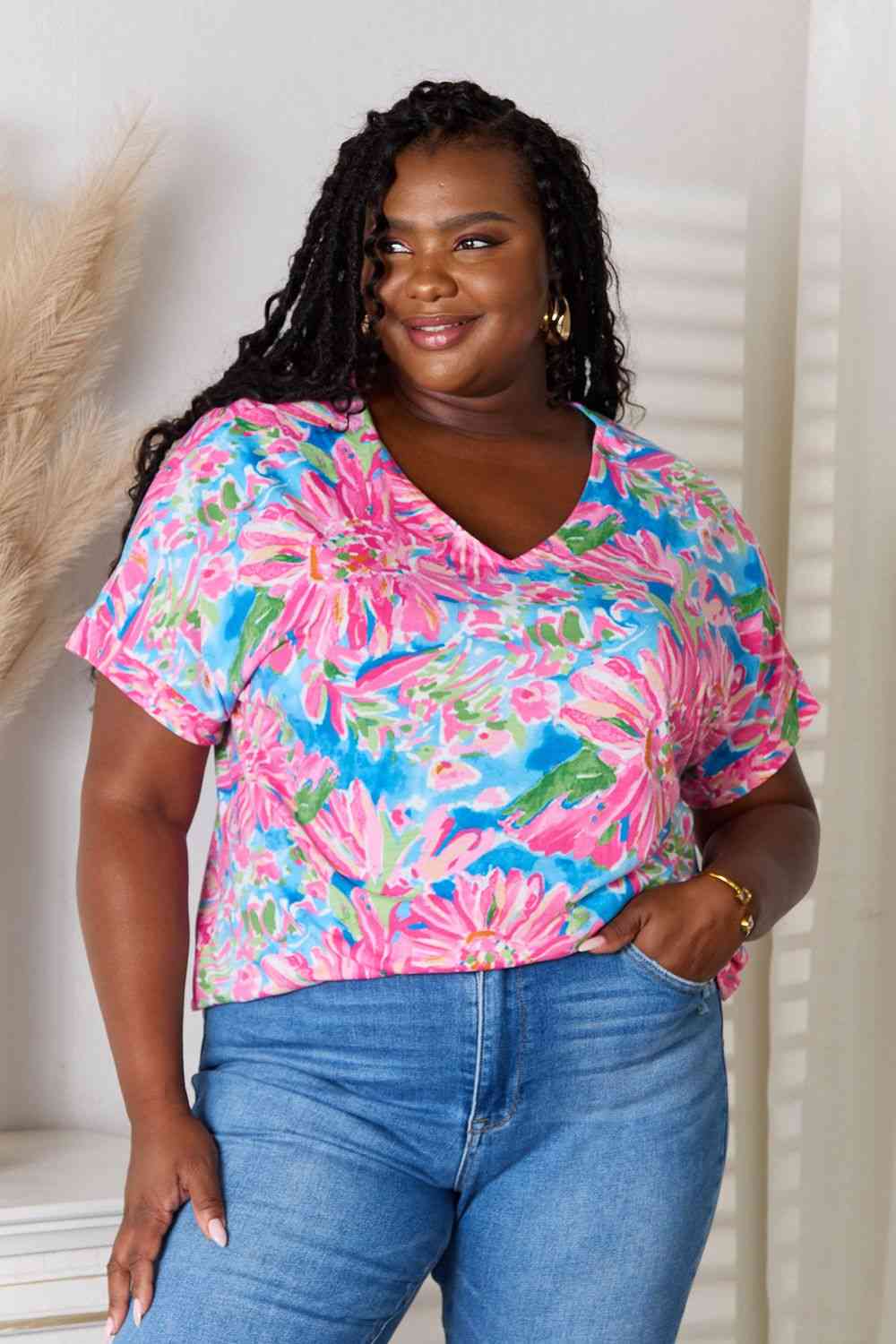 Double Take Floral V-Neck Short Sleeve Blouse - Guy Christopher