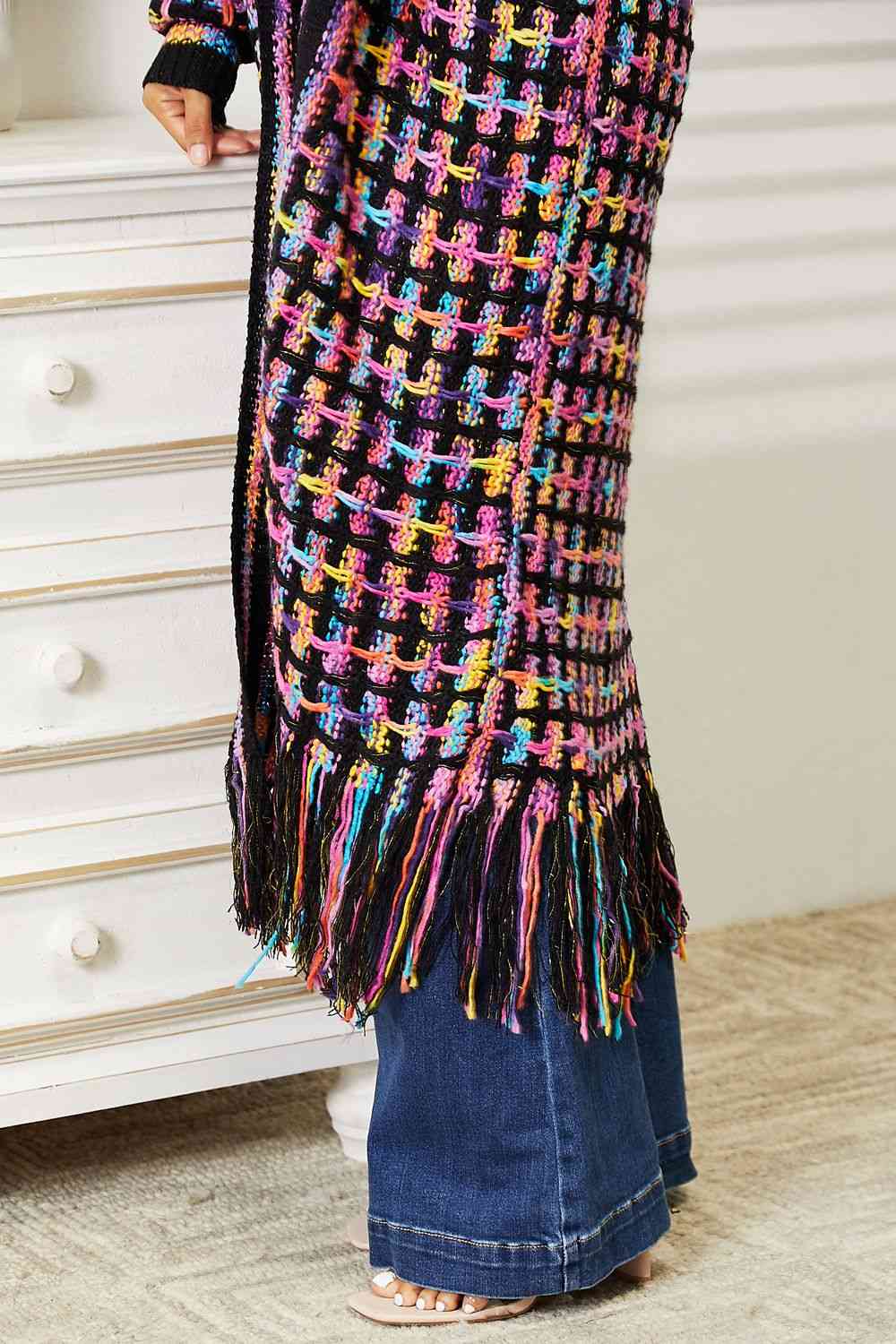 Double Take Full Size Multicolored Open Front Fringe Hem Cardigan - Guy Christopher