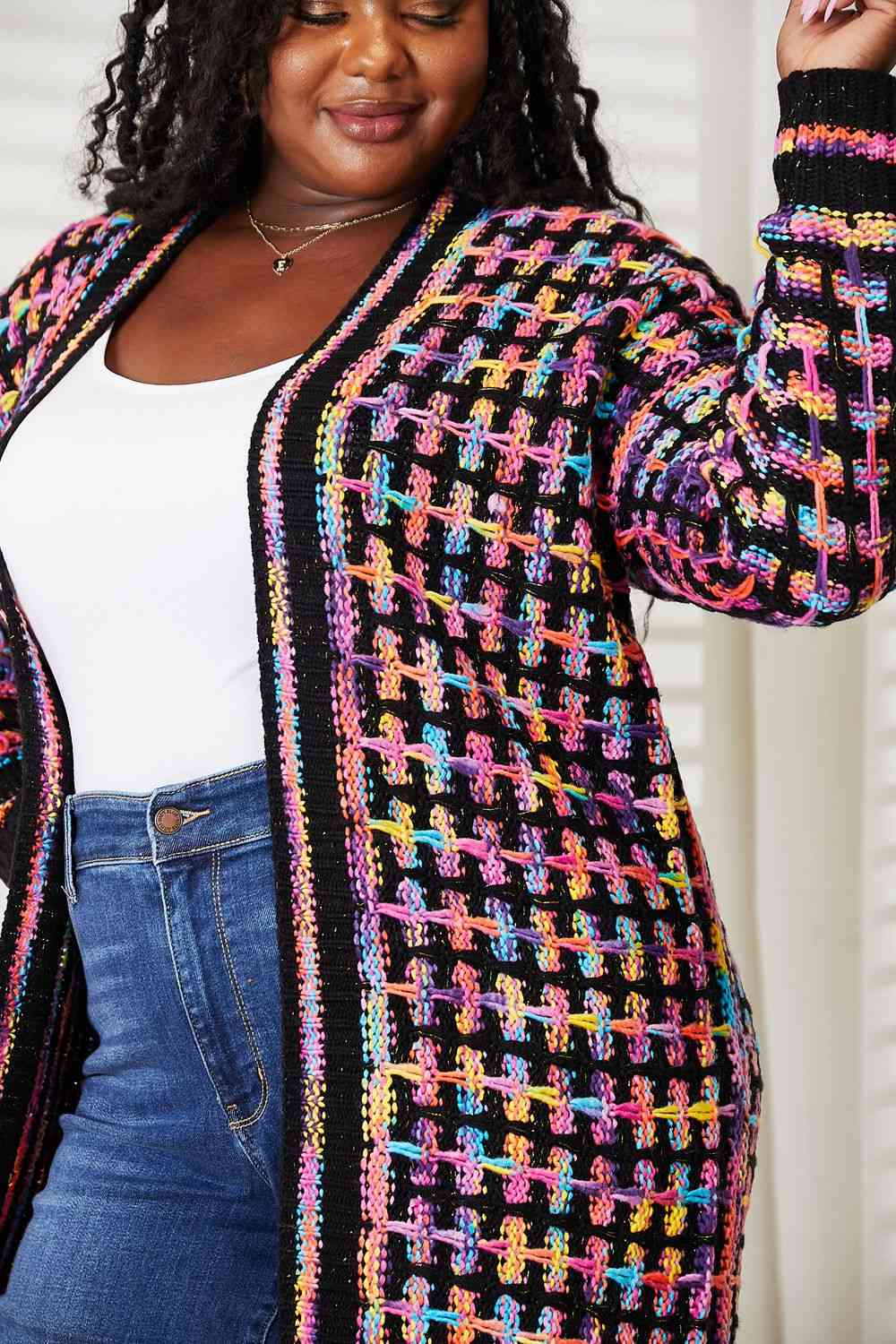 Double Take Full Size Multicolored Open Front Fringe Hem Cardigan - Guy Christopher