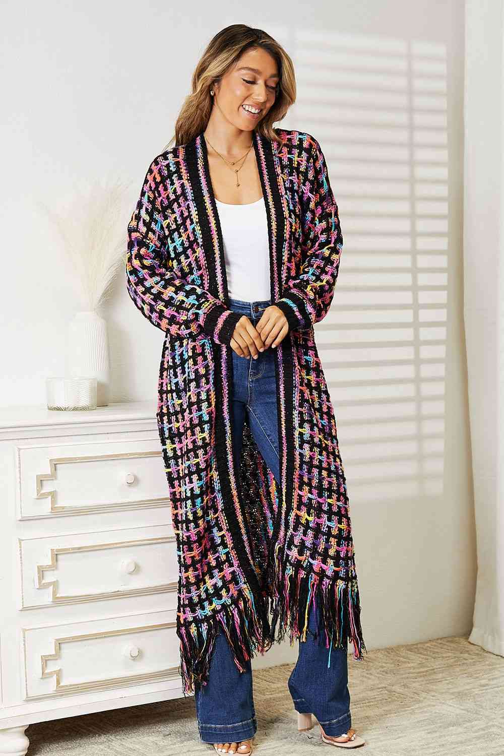 Double Take Full Size Multicolored Open Front Fringe Hem Cardigan - Guy Christopher