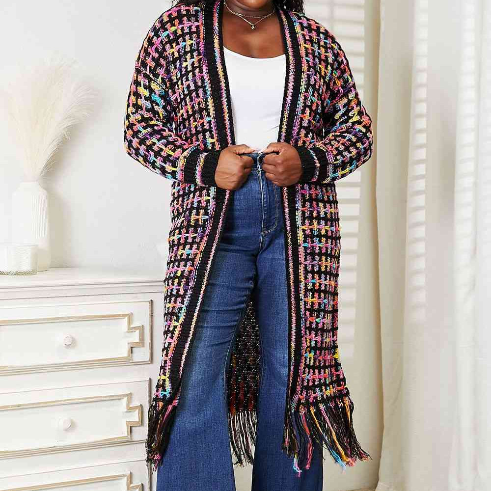 Double Take Full Size Multicolored Open Front Fringe Hem Cardigan - Guy Christopher