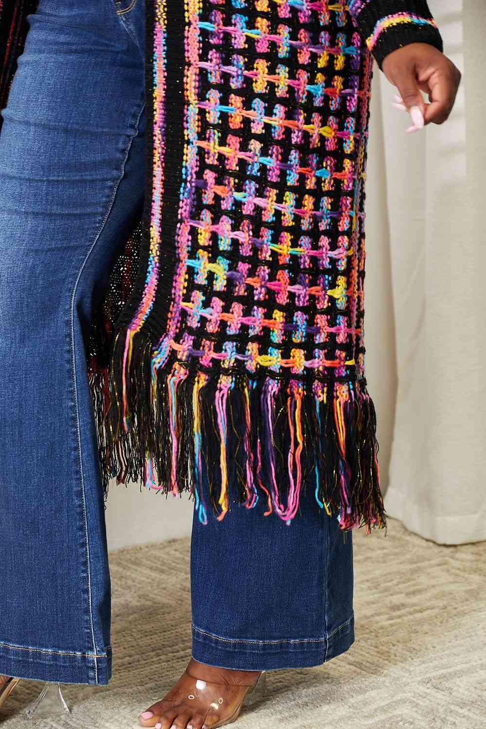 Double Take Full Size Multicolored Open Front Fringe Hem Cardigan - Guy Christopher