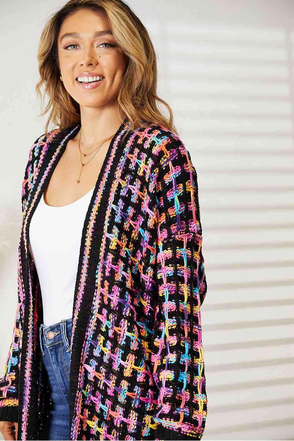 Double Take Full Size Multicolored Open Front Fringe Hem Cardigan - Guy Christopher