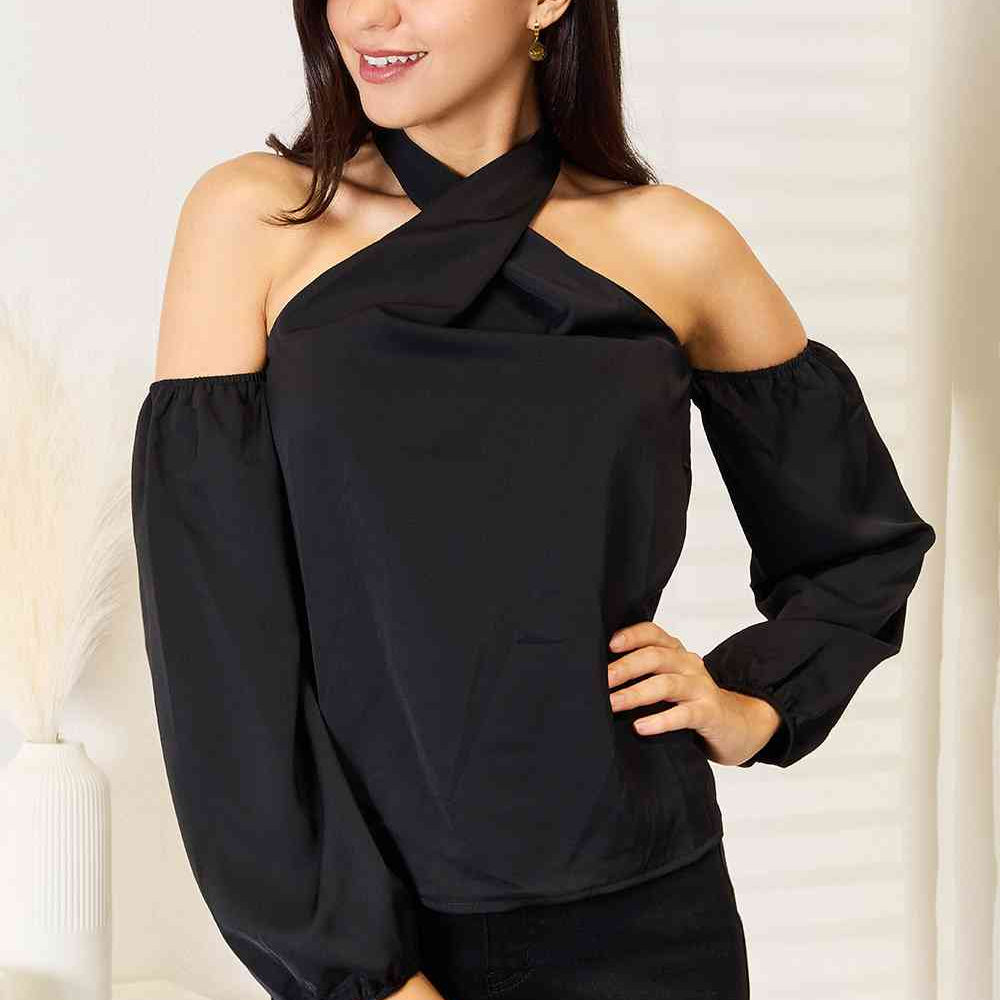Double Take Grecian Cold Shoulder Long Sleeve Blouse - Guy Christopher