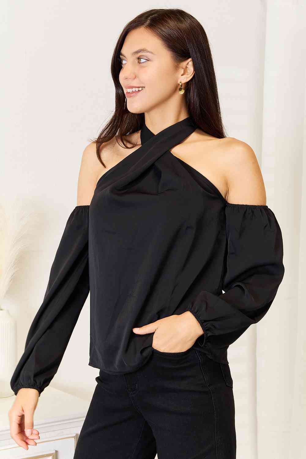 Double Take Grecian Cold Shoulder Long Sleeve Blouse - Guy Christopher
