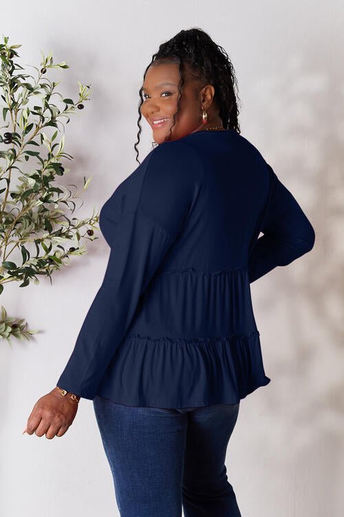 Double Take Half Button Long Sleeve Ruffle Hem Blouse - Guy Christopher