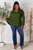 Double Take Half Button Long Sleeve Ruffle Hem Blouse - Guy Christopher