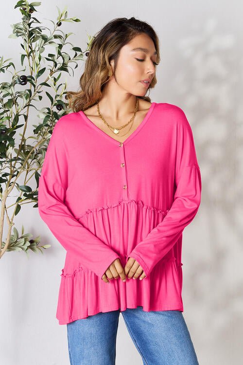 Double Take Half Button Long Sleeve Ruffle Hem Blouse - Guy Christopher