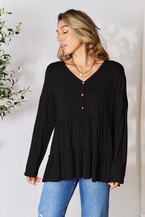 Double Take Half Button Long Sleeve Ruffle Hem Blouse - Guy Christopher