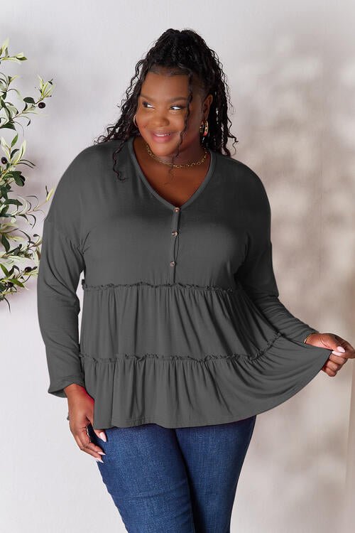 Double Take Half Button Long Sleeve Ruffle Hem Blouse - Guy Christopher