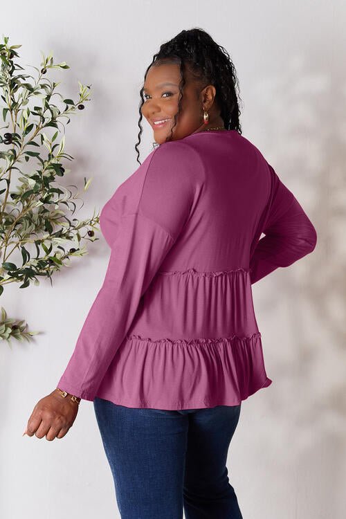 Double Take Half Button Long Sleeve Ruffle Hem Blouse - Guy Christopher