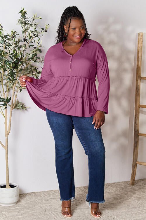 Double Take Half Button Long Sleeve Ruffle Hem Blouse - Guy Christopher