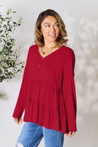 Double Take Half Button Long Sleeve Ruffle Hem Blouse - Guy Christopher