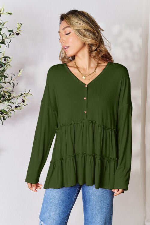 Double Take Half Button Long Sleeve Ruffle Hem Blouse - Guy Christopher