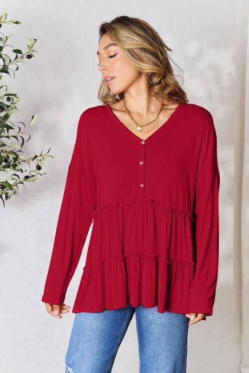 Double Take Half Button Long Sleeve Ruffle Hem Blouse - Guy Christopher