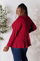 Double Take Half Button Long Sleeve Ruffle Hem Blouse - Guy Christopher