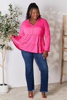 Double Take Half Button Long Sleeve Ruffle Hem Blouse - Guy Christopher