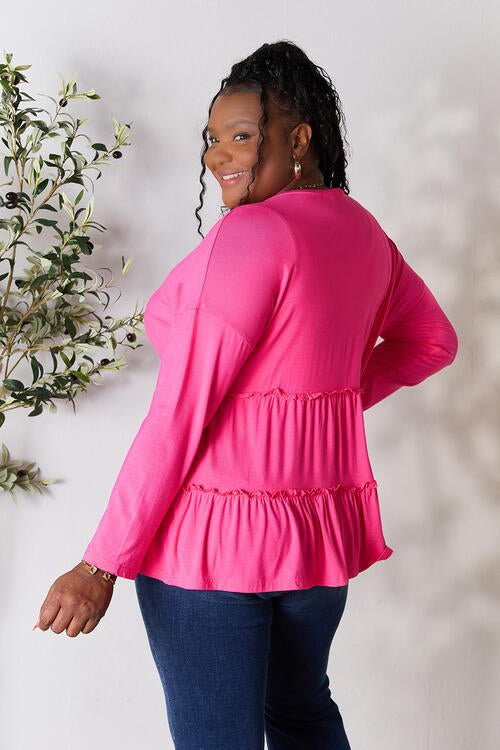 Double Take Half Button Long Sleeve Ruffle Hem Blouse - Guy Christopher