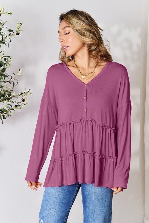 Double Take Half Button Long Sleeve Ruffle Hem Blouse - Guy Christopher