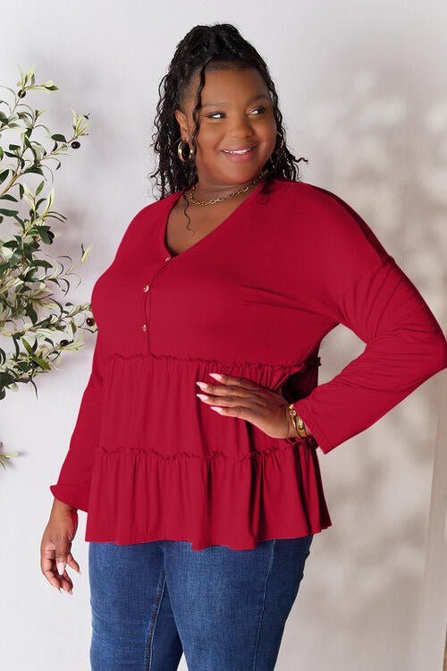 Double Take Half Button Long Sleeve Ruffle Hem Blouse - Guy Christopher