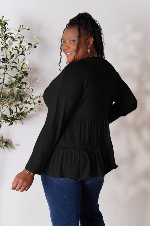 Double Take Half Button Long Sleeve Ruffle Hem Blouse - Guy Christopher