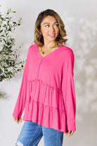 Double Take Half Button Long Sleeve Ruffle Hem Blouse - Guy Christopher