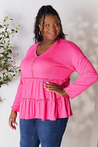 Double Take Half Button Long Sleeve Ruffle Hem Blouse - Guy Christopher