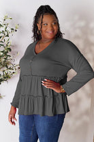 Double Take Half Button Long Sleeve Ruffle Hem Blouse - Guy Christopher