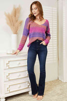 Double Take Multicolored Rib-Knit V-Neck Knit Pullover - Guy Christopher