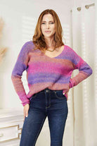 Double Take Multicolored Rib-Knit V-Neck Knit Pullover - Guy Christopher