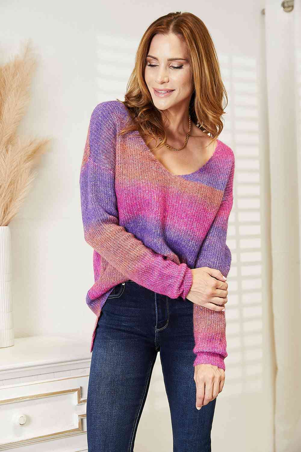 Double Take Multicolored Rib-Knit V-Neck Knit Pullover - Guy Christopher