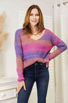 Double Take Multicolored Rib-Knit V-Neck Knit Pullover - Guy Christopher