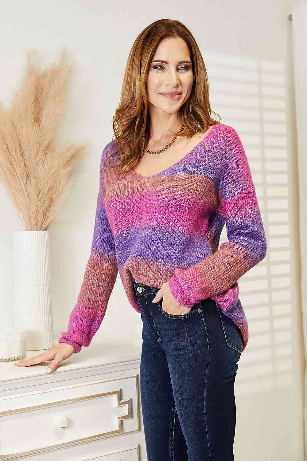 Double Take Multicolored Rib-Knit V-Neck Knit Pullover - Guy Christopher