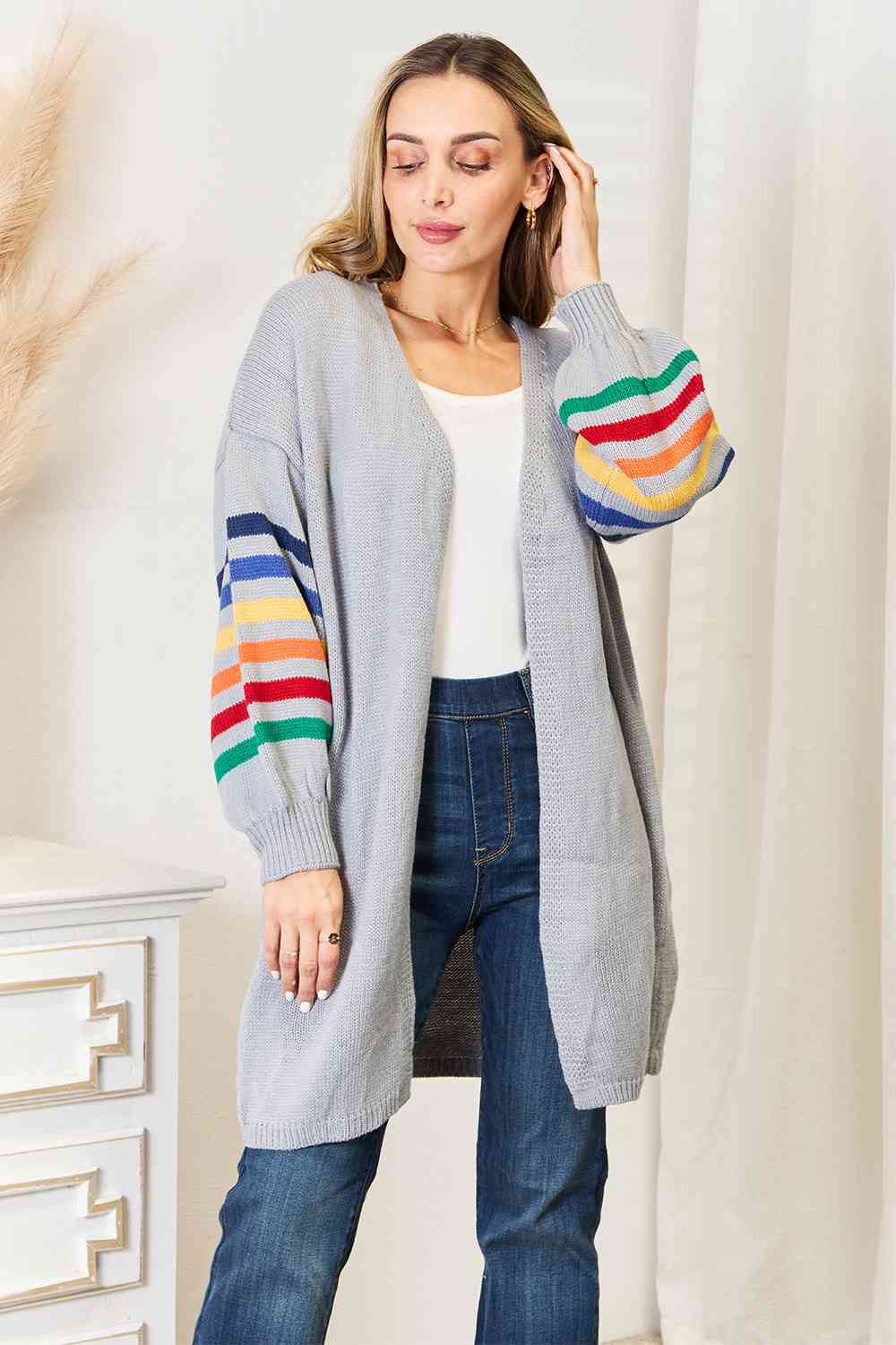 Double Take Multicolored Stripe Open Front Longline Cardigan - Guy Christopher