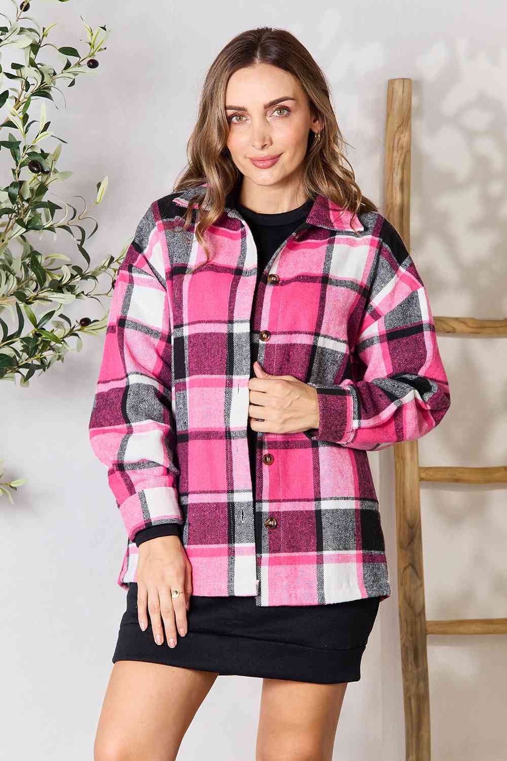 Double Take Plaid Button Up Collared Neck Jacket - Guy Christopher