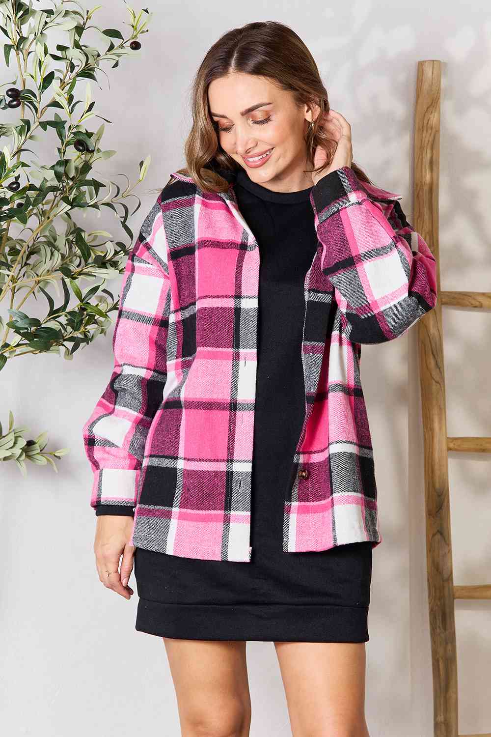 Double Take Plaid Button Up Collared Neck Jacket - Guy Christopher