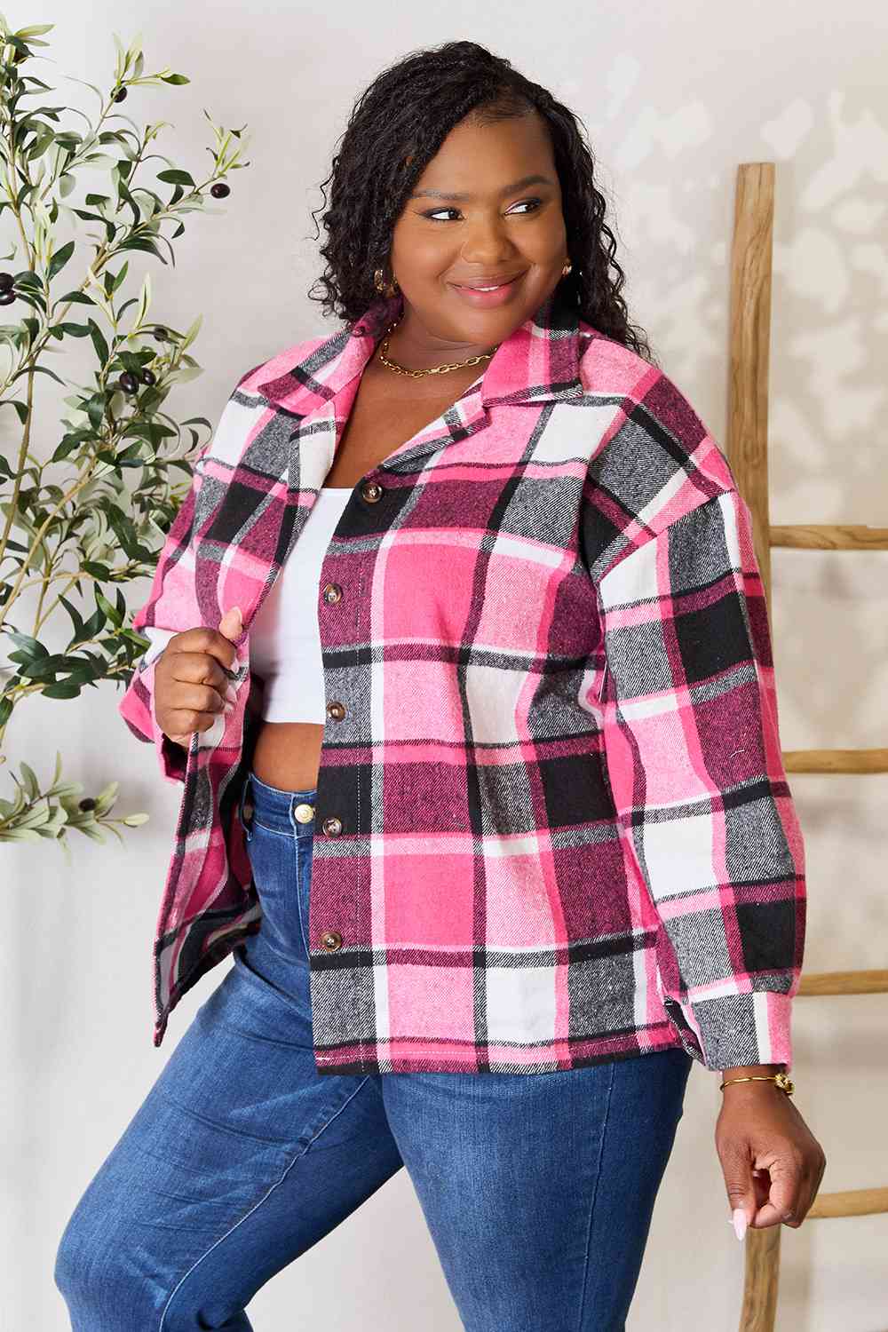 Double Take Plaid Button Up Collared Neck Jacket - Guy Christopher