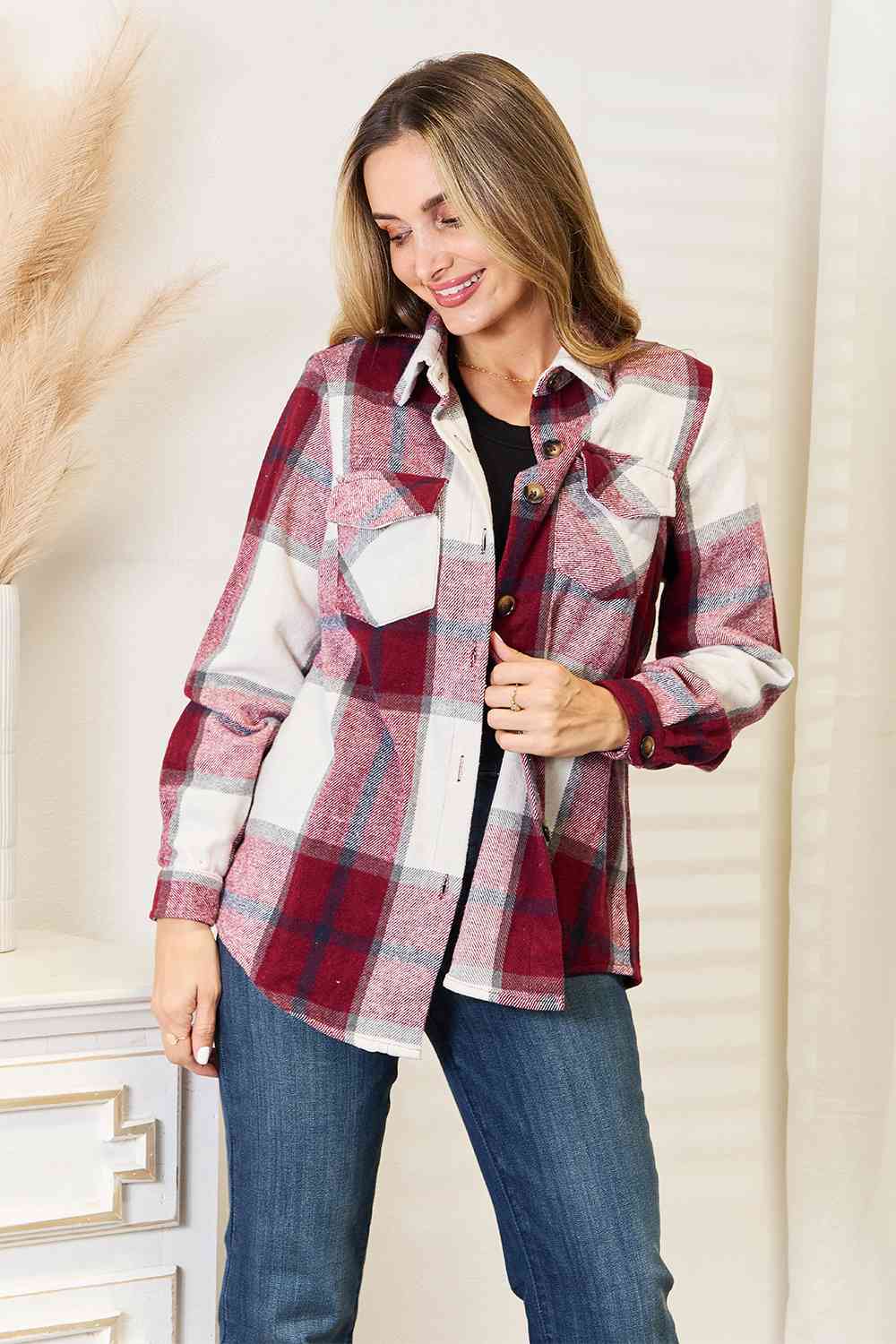 Double Take Plaid Button Up Flannel Shirt Jacket - Guy Christopher