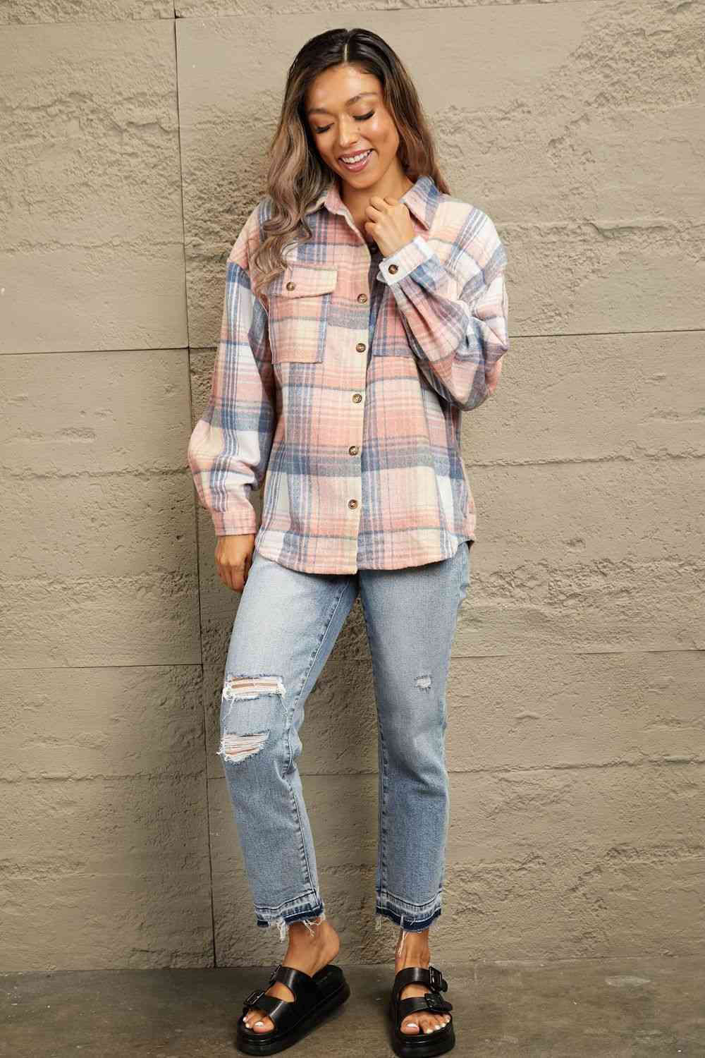 Double Take Plaid Dropped Shoulder Shacket - Guy Christopher