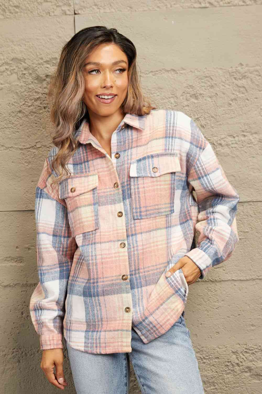 Double Take Plaid Dropped Shoulder Shacket - Guy Christopher