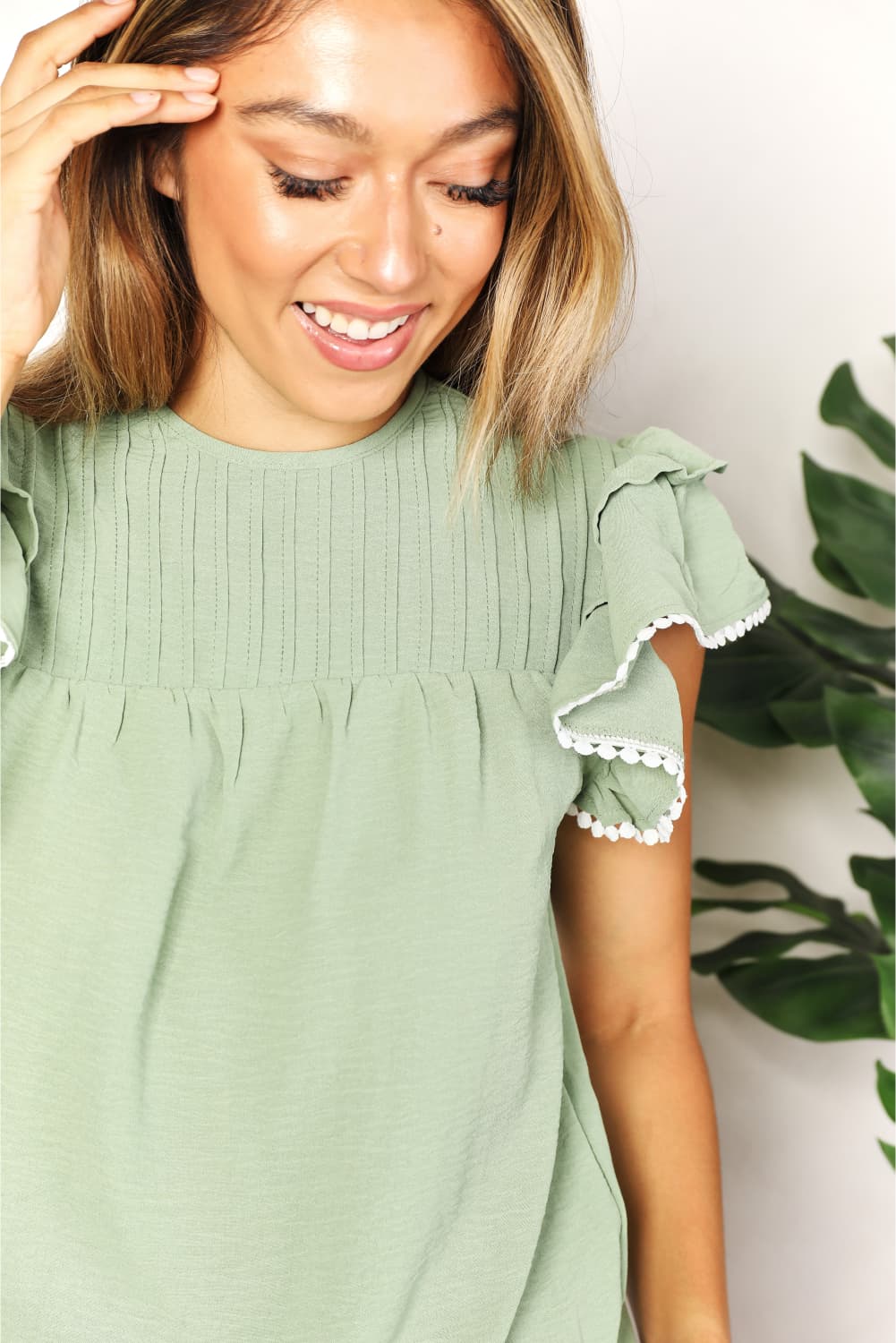 Double Take Pleated Detail Flutter Sleeve Blouse - Guy Christopher