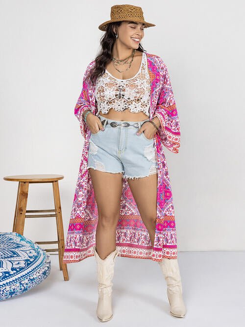 Double Take Plus Size Printed Open Front Longline Cardigan - Guy Christopher