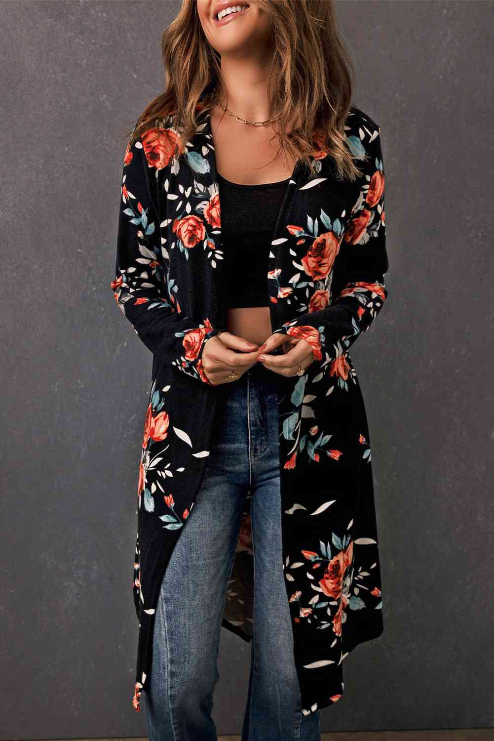 Double Take Printed Open Front Longline Cardigan - Guy Christopher