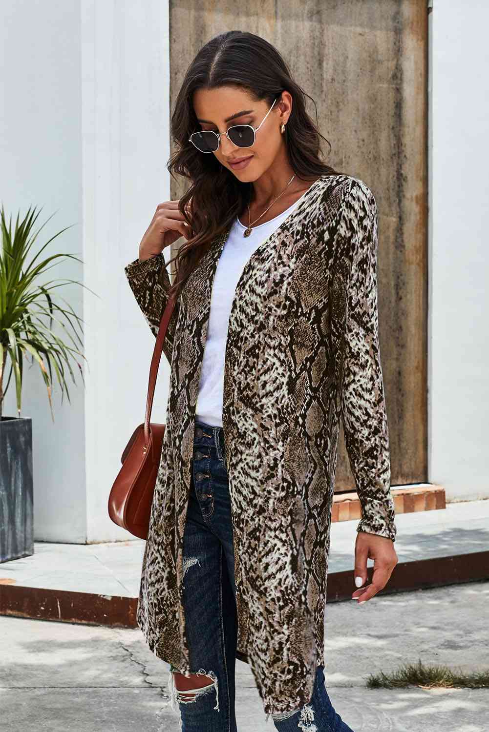 Double Take Printed Open Front Longline Cardigan - Guy Christopher