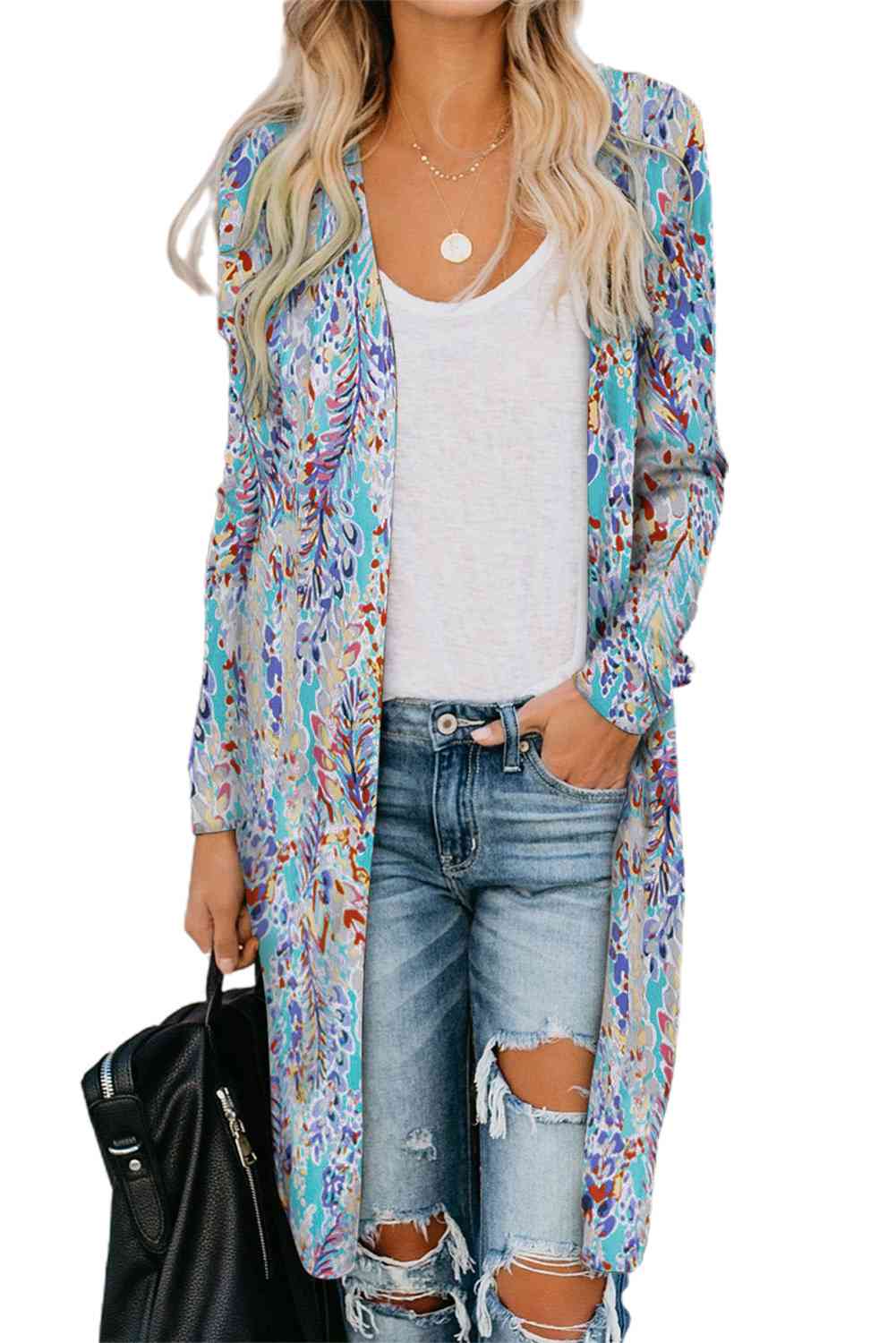 Double Take Printed Open Front Longline Cardigan - Guy Christopher