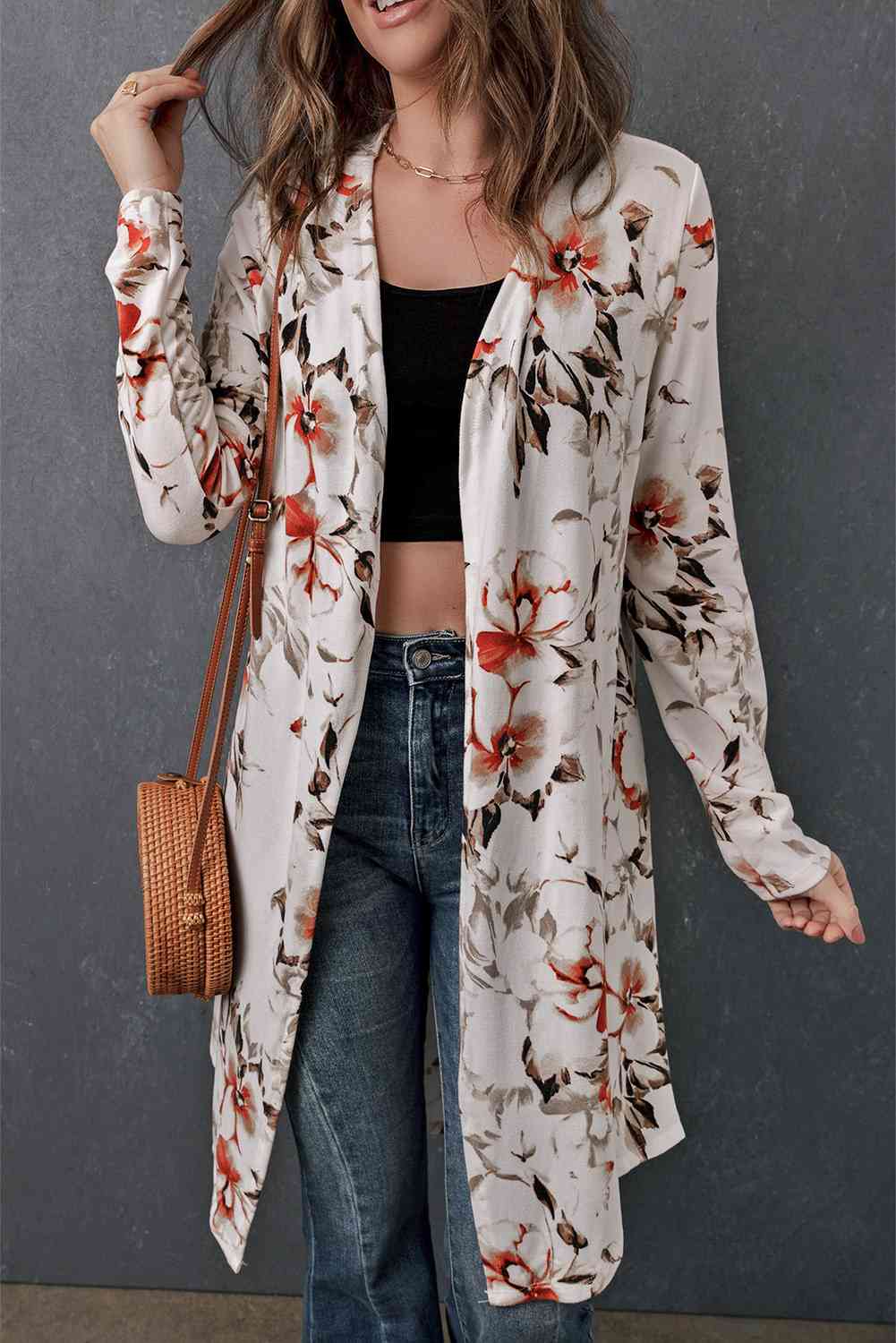 Double Take Printed Open Front Longline Cardigan - Guy Christopher