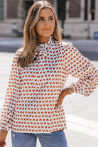 Double Take Printed Tie Neck Long Sleeve Blouse - Guy Christopher